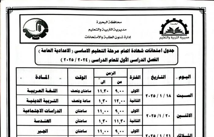 جدول امتحانات الشهادة الإعدادية الفصل الدراسي الأول في البحيرة - خليج نيوز