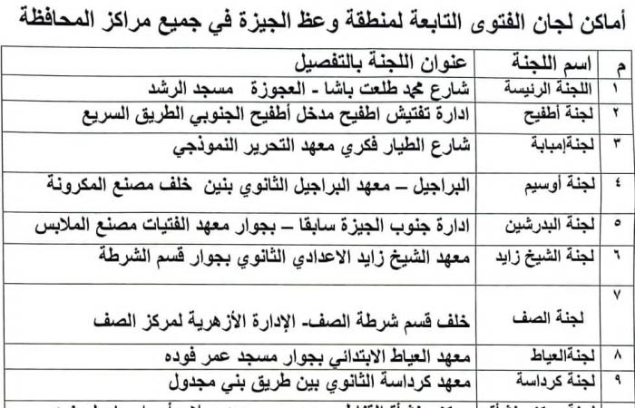 محافظة الجيزة تعلن عن مواقع لجان الفتوى للرد على استفسارات وتساؤلات المواطنين - خليج نيوز