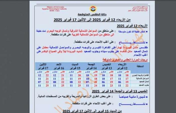 «الأرصاد» تكشف حالة الطقس غدا الأربعاء: استمرار الموجة الباردة