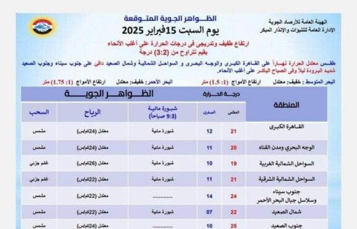 الصغرى بالقاهرة 12 درجة.. الأرصاد تكشف تفاصيل حالة الطقس اليوم السبت 15 فبراير 2025 - خليج نيوز