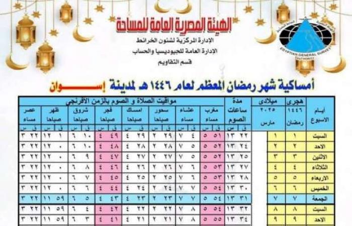 إمساكية شهر رمضان 2025 لمحافظة أسوان وعدد ساعات الصيام