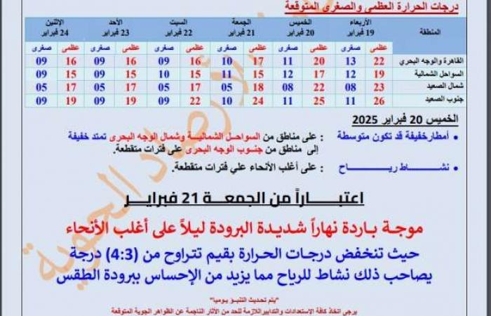 «الأرصاد»: موجة شديدة البرودة تضرب البلاد.. والحرارة تصل إلى 4 درجات - خليج نيوز