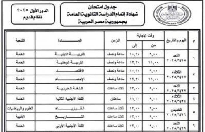 جدول امتحانات الثانوية العامة 2025 للنظامين الجديد والقديم - خليج نيوز