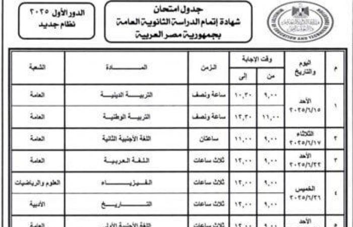 جدول امتحانات الثانوية العامة 2025 للنظامين الجديد والقديم - خليج نيوز