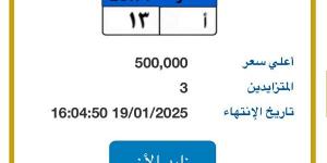 وصل سعرها لـ 500 ألف جنيه.. طرح لوحة بأرقام "أ - 13" بمزاد المرور - خليج نيوز