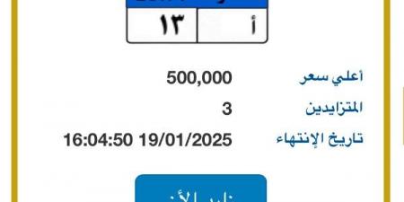 وصل سعرها لـ 500 ألف جنيه.. طرح لوحة بأرقام "أ - 13" بمزاد المرور - خليج نيوز