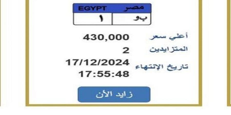 سعرها وصل لـ 430 ألف جنيه.. «المرور» تطرح لوحة سيارة مميزة للتزايد - خليج نيوز