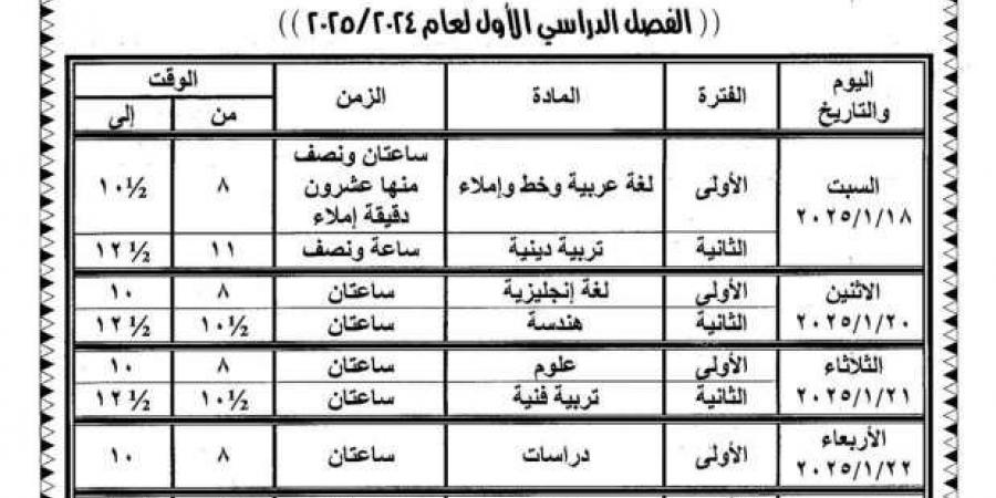 جدول امتحانات الترم الأول 2025 للشهادة الإعدادية في الوادي الجديد - خليج نيوز