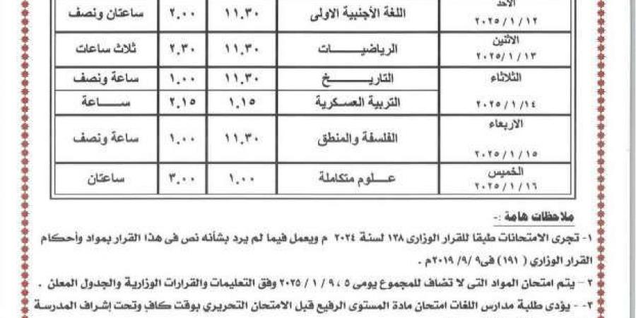 جدول امتحانات الصف الأول الثانوي الترم الأول 2025 بمحافظة الغربية - خليج نيوز